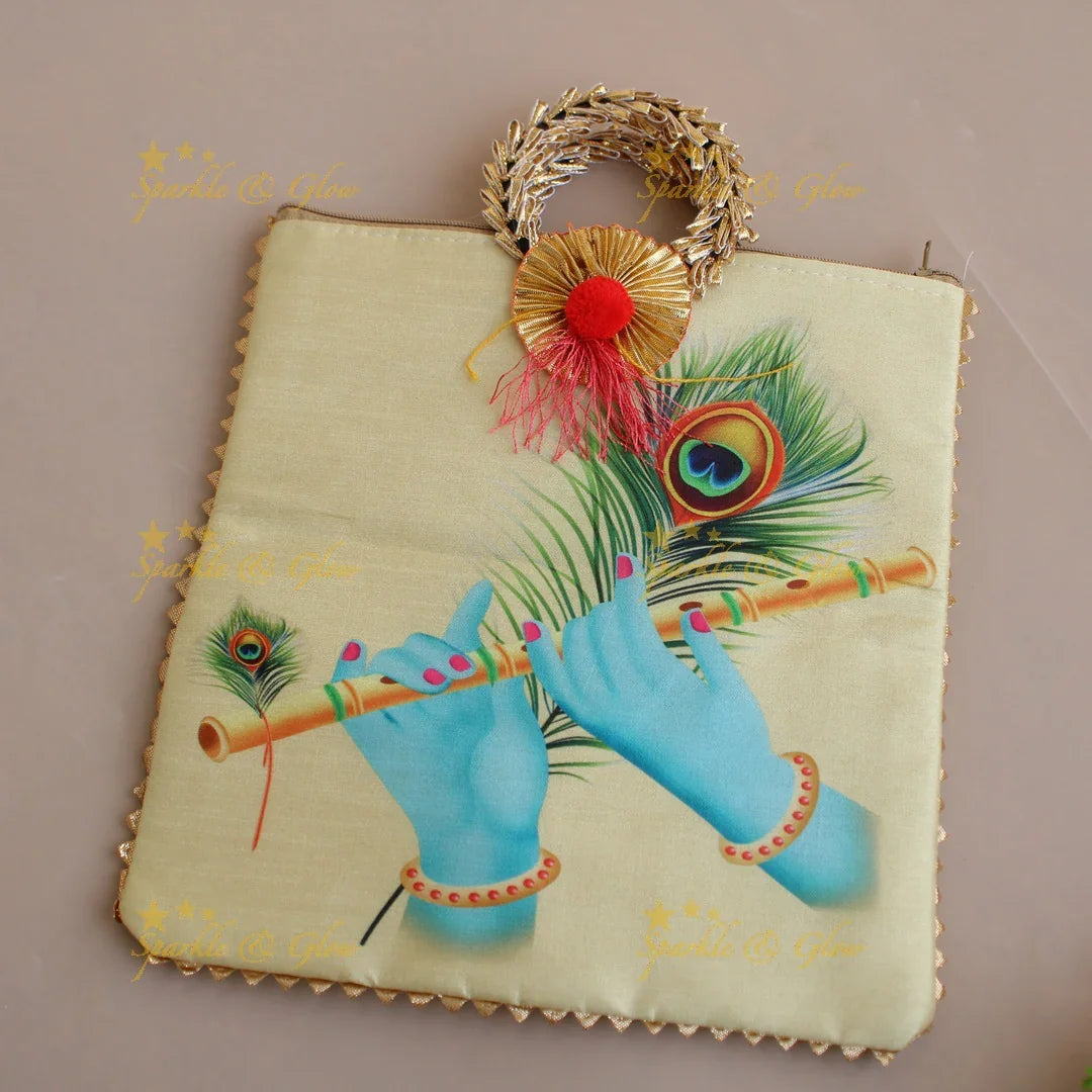 Krishna Flute and Feather print 8.5*8 inch rectangle bags round handle - Sparkle and Glow