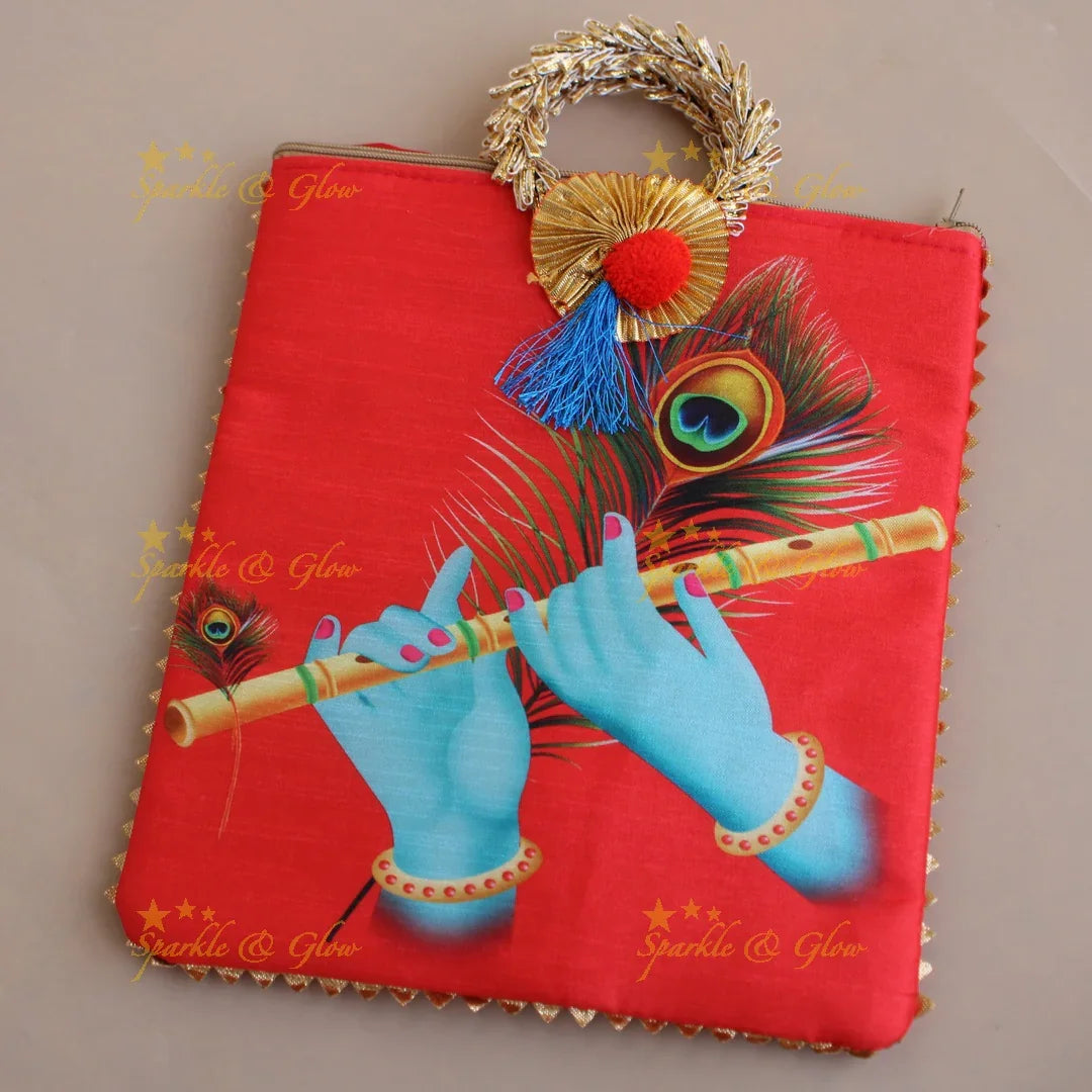Krishna Flute and Feather print 8.5*8 inch rectangle bags round handle - Sparkle and Glow