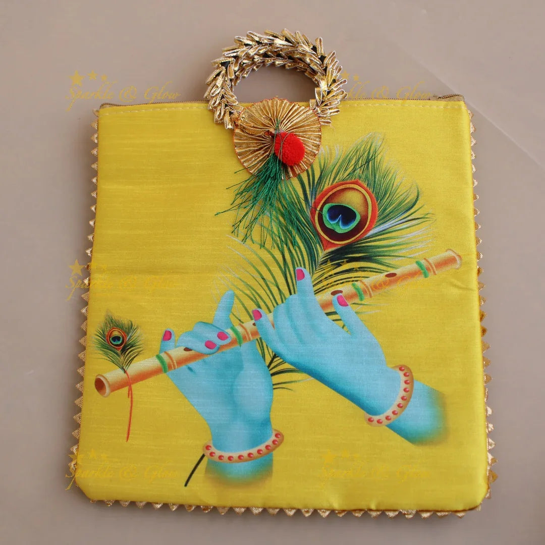 Krishna Flute and Feather print 8.5*8 inch rectangle bags round handle - Sparkle and Glow