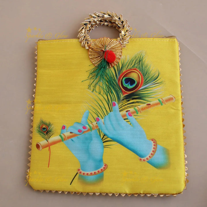 Krishna Flute and Feather print 8.5*8 inch rectangle bags round handle - Sparkle and Glow