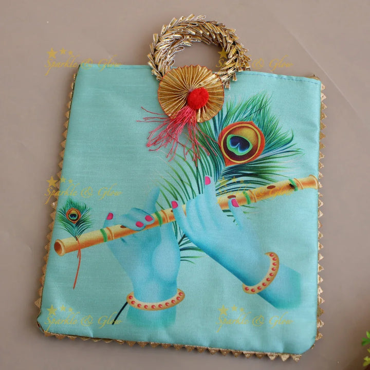 Krishna Flute and Feather print 8.5*8 inch rectangle bags round handle - Sparkle and Glow