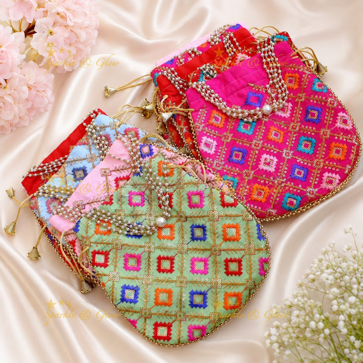 8.5*8" Potli Bags with Pearls & Gold Beads- Set of 10pcs