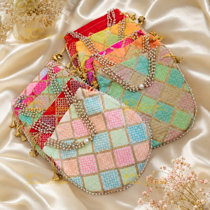 Pearl Embellished 8.5x8" Threadwork Potli Bag- Set of 10pcs