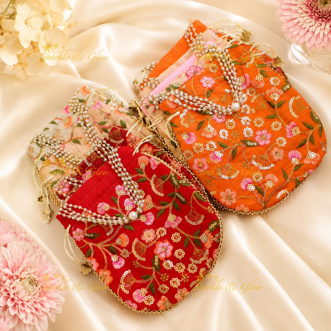 Floral 8.5" Potli Bag with Beads & Pearl Handle- Set of 10pcs
