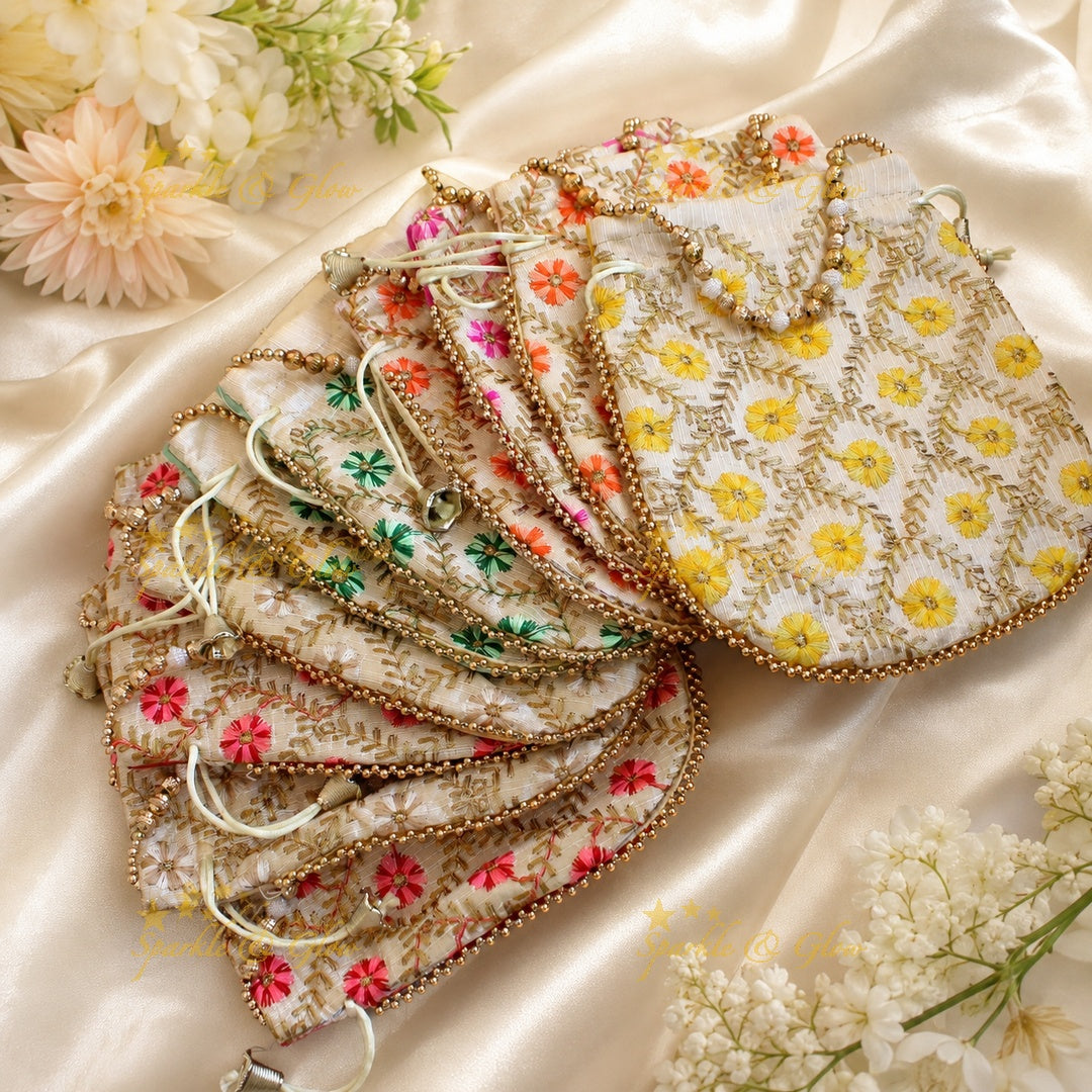 Embroidered Floral Potli Bags with Pearls & Beads 8.5"- Set of 10pcs