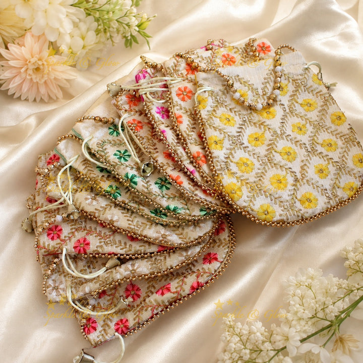 Embroidered Floral Potli Bags with Pearls & Beads 8.5"- Set of 10pcs
