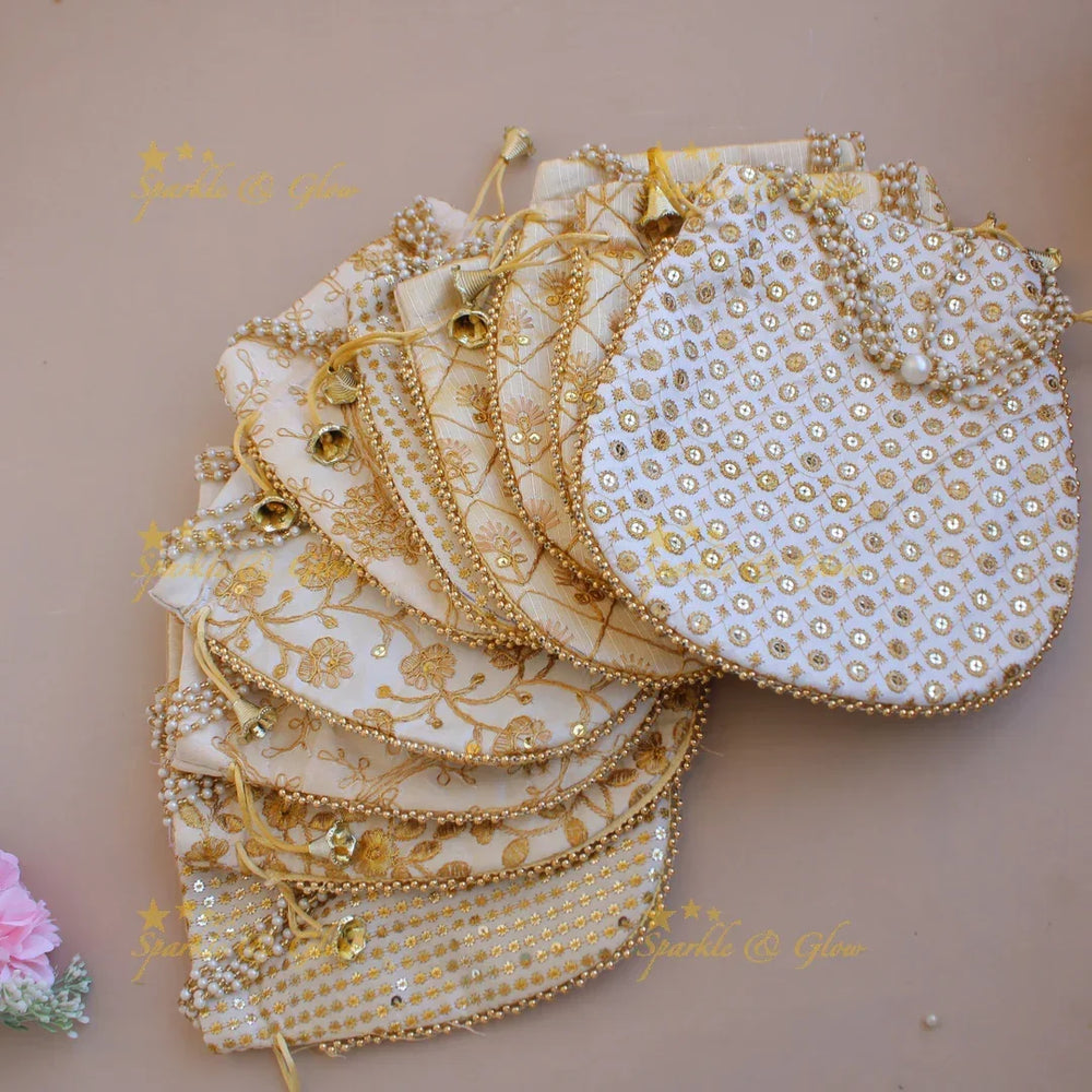 Embroidered different Design 8.5*8 inch potli bags with pearls and gold beads - Sparkle and Glow