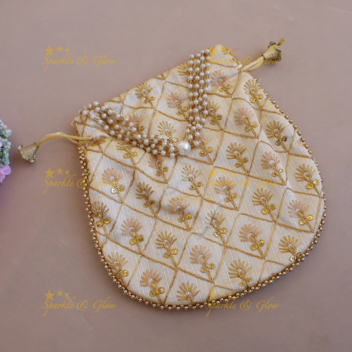 Embroidered different Design 8.5*8 inch potli bags with pearls and gold beads