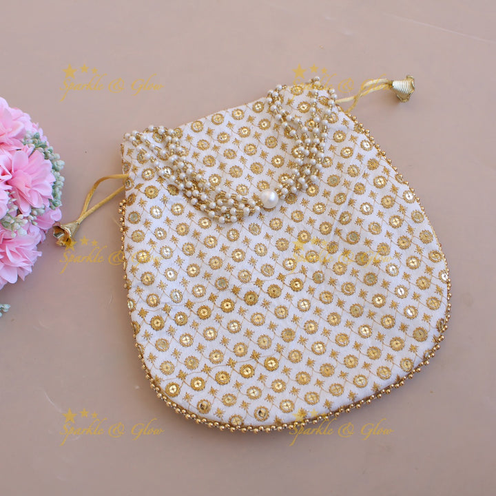 Embroidered different Design 8.5*8 inch potli bags with pearls and gold beads