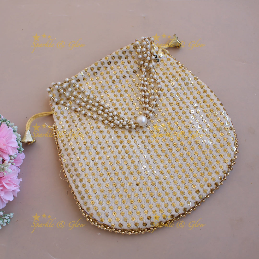 Embroidered different Design 8.5*8 inch potli bags with pearls and gold beads