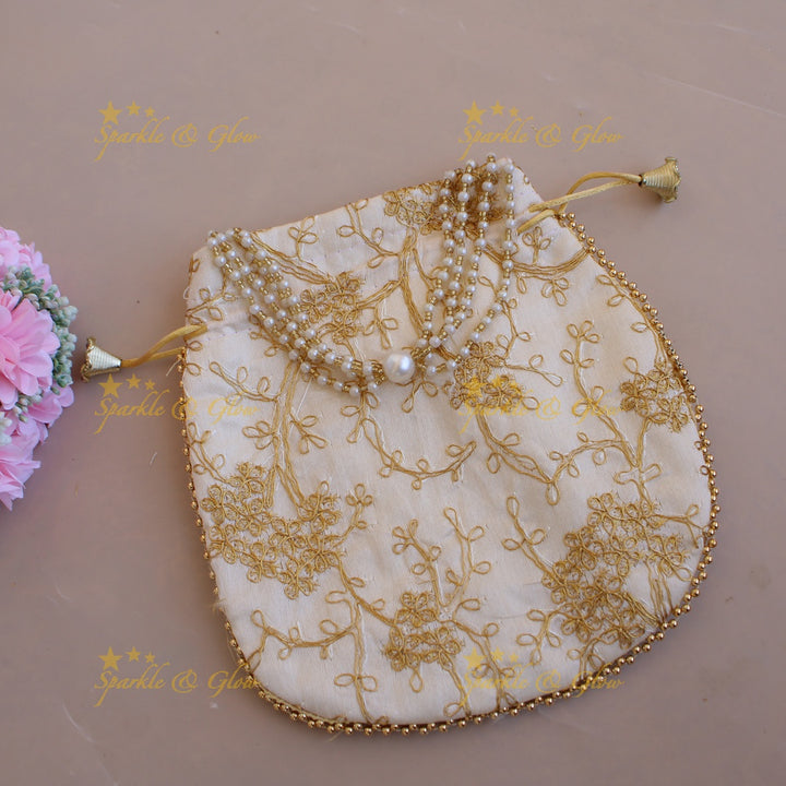 Embroidered different Design 8.5*8 inch potli bags with pearls and gold beads