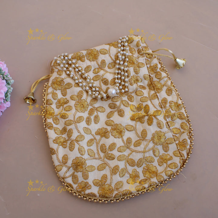 Embroidered different Design 8.5*8 inch potli bags with pearls and gold beads