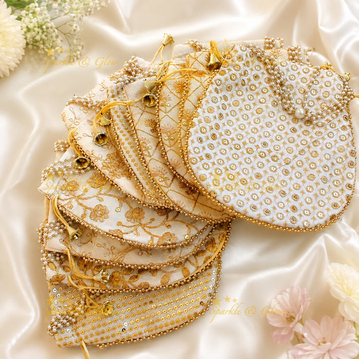 8.5*8" Embroidered Potli Bags with Pearls & Gold Beads- Set of 10pcs