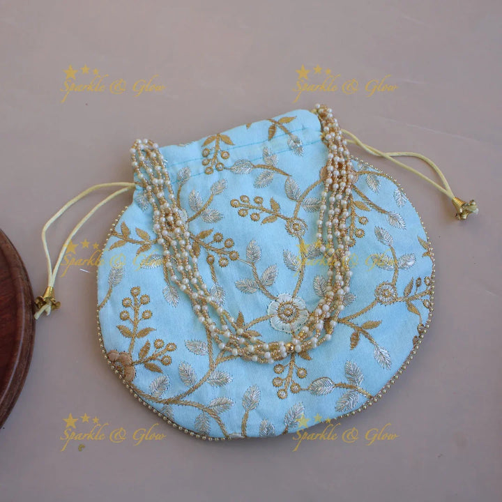 Floral Embroidered pot shape 8.5*8 inch potli bags with gold beads and pearl handle - Sparkle and Glow