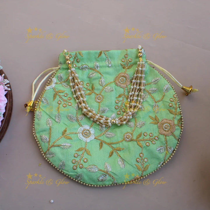 Floral Embroidered pot shape 8.5*8 inch potli bags with gold beads and pearl handle - Sparkle and Glow