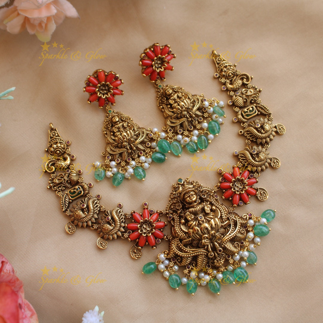 Statement Lakshmi peacock carved short necklace with coral and mint green beads