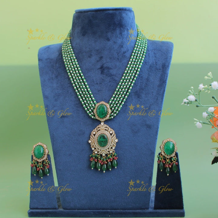 Stunning Floral and stone pendant Victorian AD haram with multi layer beads chain - green - Sparkle and Glow - Purple - Back Thread
