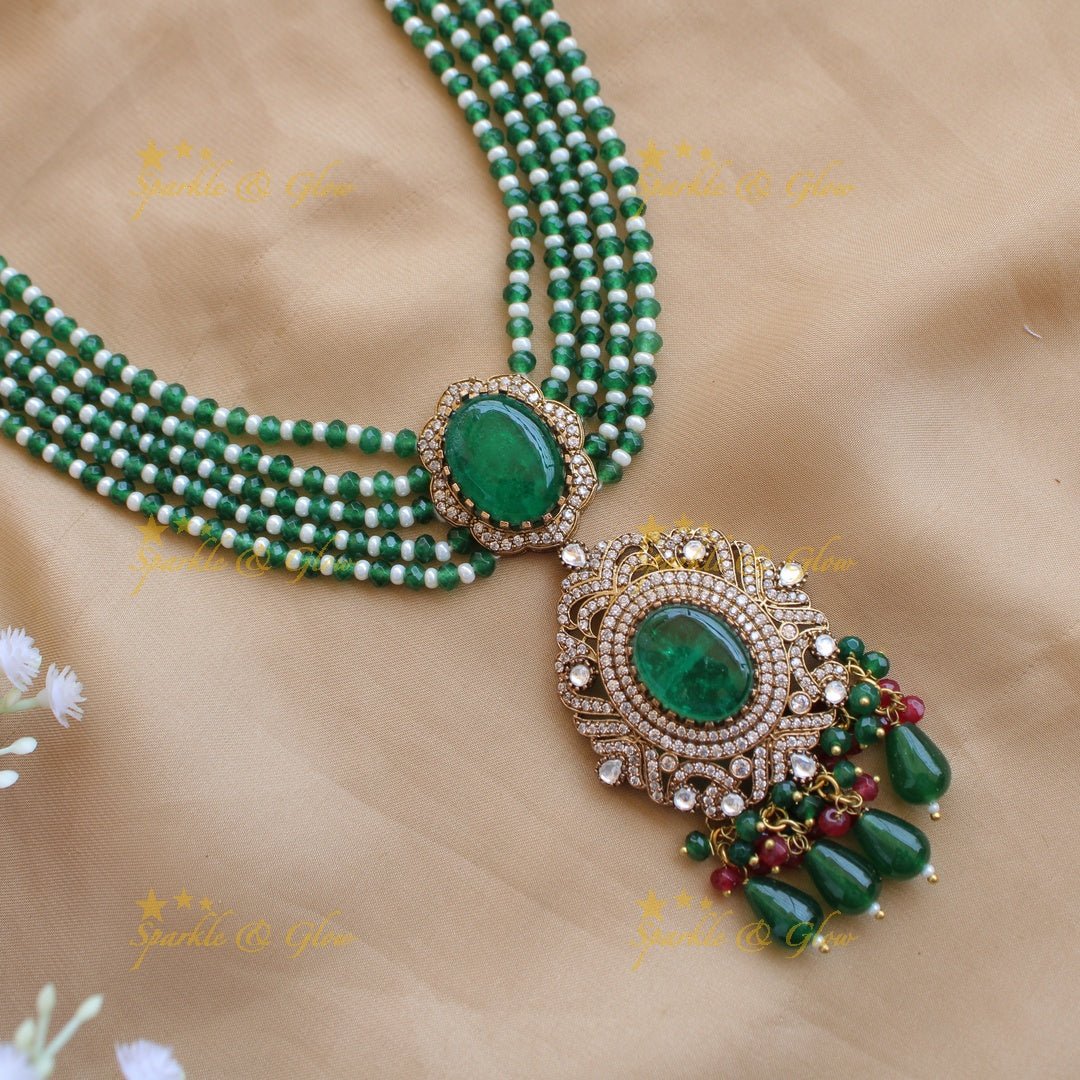 Stunning Floral and stone pendant Victorian AD haram with multi layer beads chain - green - Sparkle and Glow - Purple - Back Thread