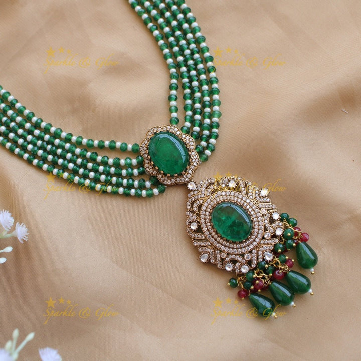 Stunning Floral and stone pendant Victorian AD haram with multi layer beads chain - green - Sparkle and Glow - Purple - Back Thread