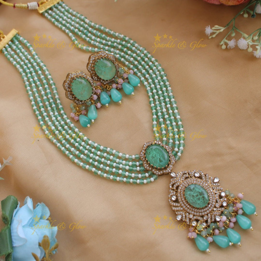 Stunning Floral and stone pendant Victorian AD haram with multi layer beads chain - green - Sparkle and Glow - Mintgreen - Back Thread