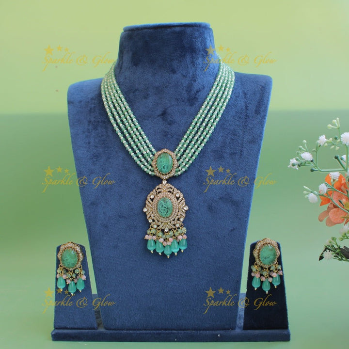 Stunning Floral and stone pendant Victorian AD haram with multi layer beads chain - green - Sparkle and Glow - Green - Back Thread