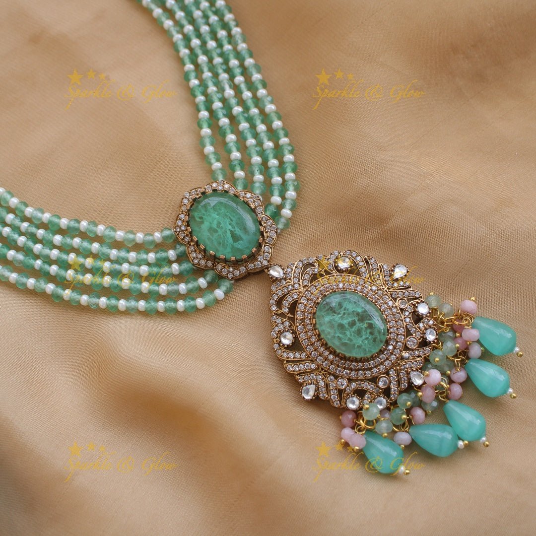 Stunning Floral and stone pendant Victorian AD haram with multi layer beads chain - green - Sparkle and Glow - Mintgreen - Back Thread