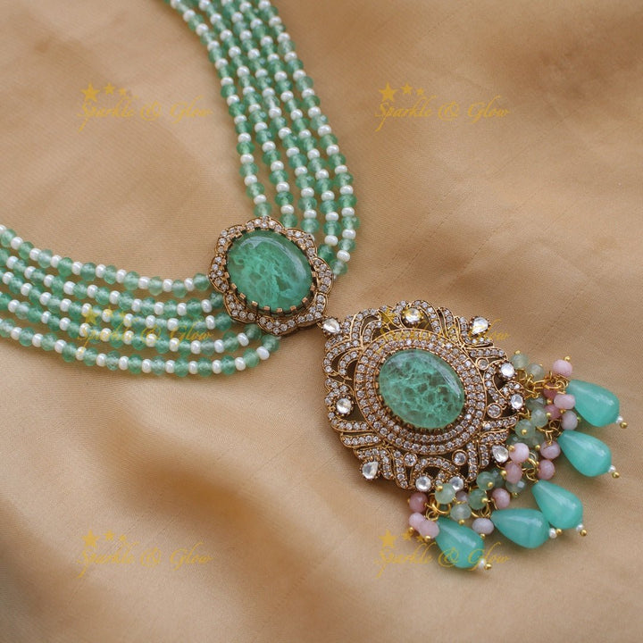 Stunning Floral and stone pendant Victorian AD haram with multi layer beads chain - green - Sparkle and Glow - Mintgreen - Back Thread