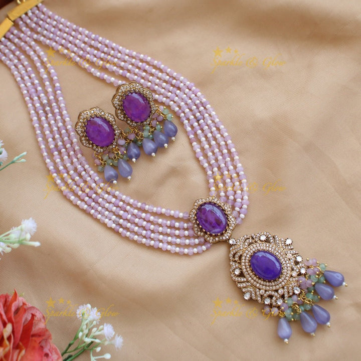 Stunning Floral and stone pendant Victorian AD haram with multi layer beads chain - green - Sparkle and Glow - Purple - Back Thread