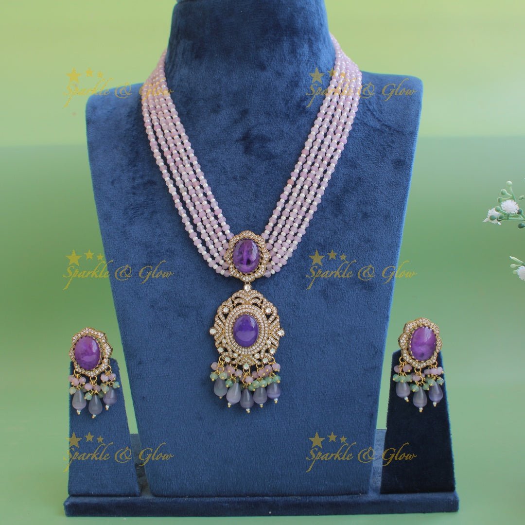 Stunning Floral and stone pendant Victorian AD haram with multi layer beads chain - green - Sparkle and Glow - Purple - Back Thread