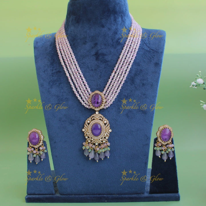 Stunning Floral and stone pendant Victorian AD haram with multi layer beads chain - green - Sparkle and Glow - Purple - Back Thread