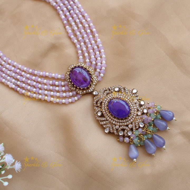 Stunning Floral and stone pendant Victorian AD haram with multi layer beads chain - green - Sparkle and Glow - Purple - Back Thread