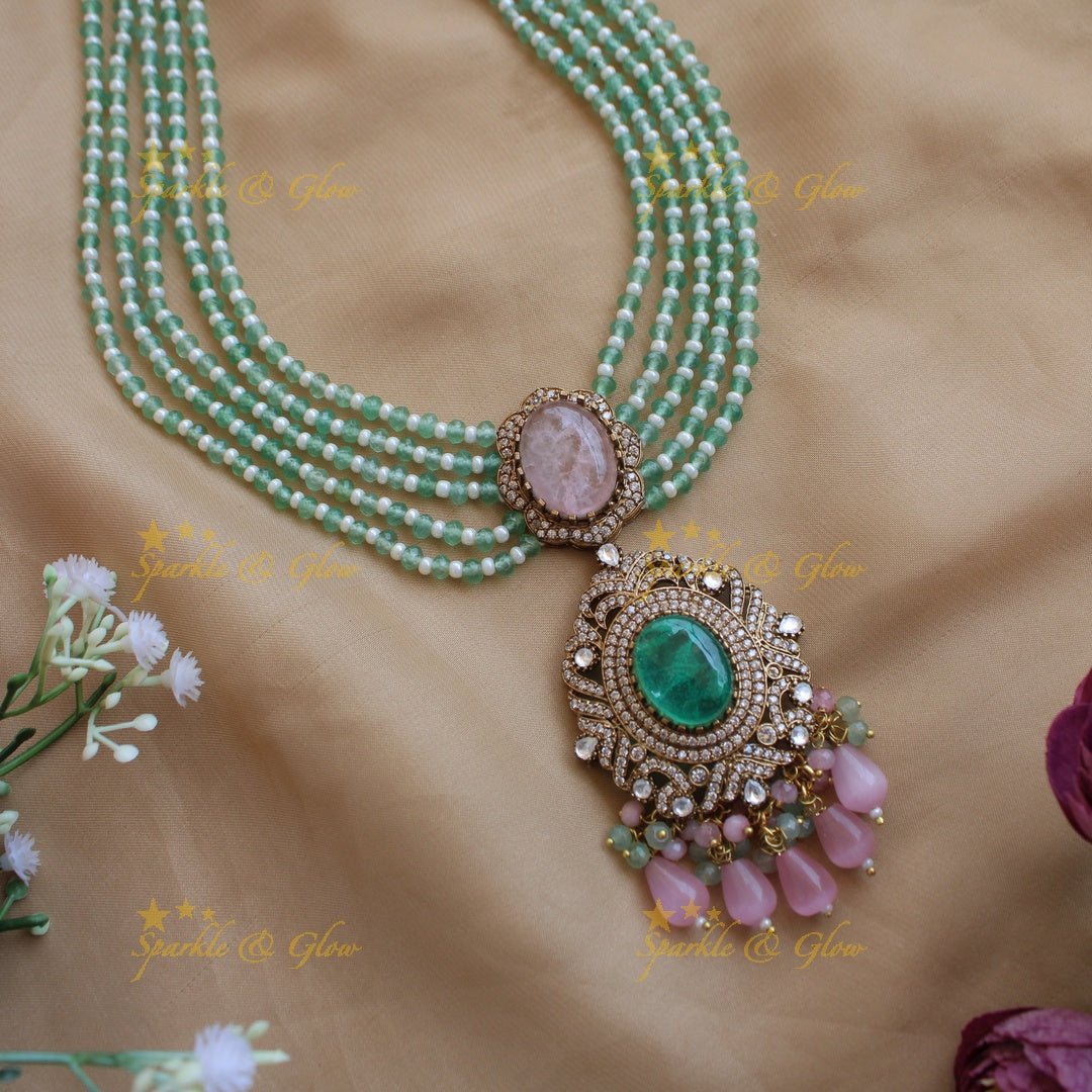 Stunning Floral and stone pendant Victorian AD haram with multi layer beads chain - green - Sparkle and Glow - Mintgreenpurple - Back Thread