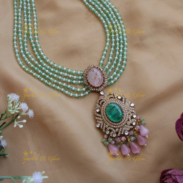 Stunning Floral and stone pendant Victorian AD haram with multi layer beads chain - green - Sparkle and Glow - Mintgreenpurple - Back Thread