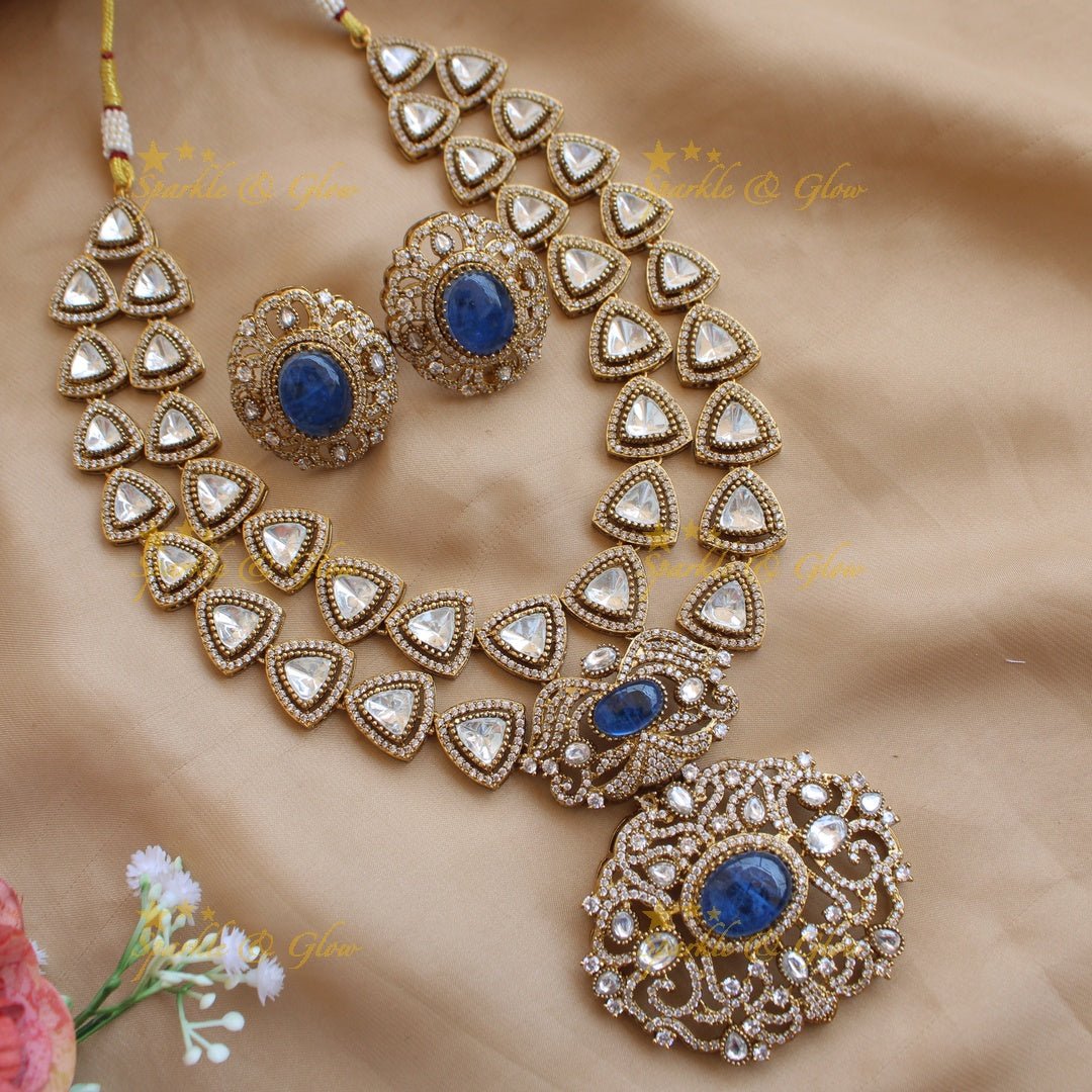Grand intricate Floral and branch pendant Victorian AD two layer long necklace with blue stone - Sparkle and Glow - Blue - Back Thread