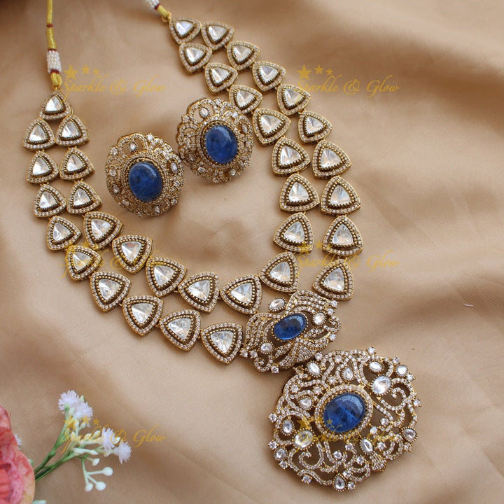Grand intricate Floral and branch pendant Victorian AD two layer long necklace with blue stone - Sparkle and Glow - Blue - Back Thread
