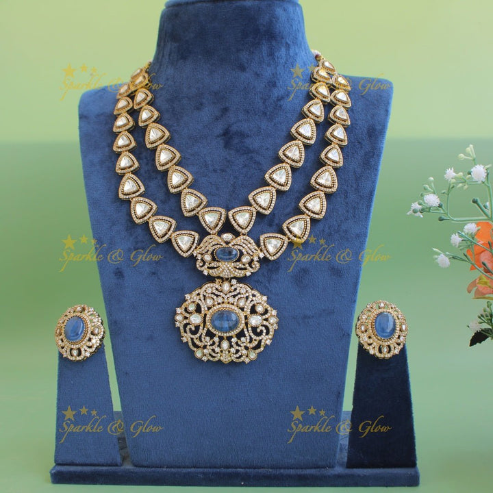 Grand intricate Floral and branch pendant Victorian AD two layer long necklace with blue stone - Sparkle and Glow - Blue - Back Thread