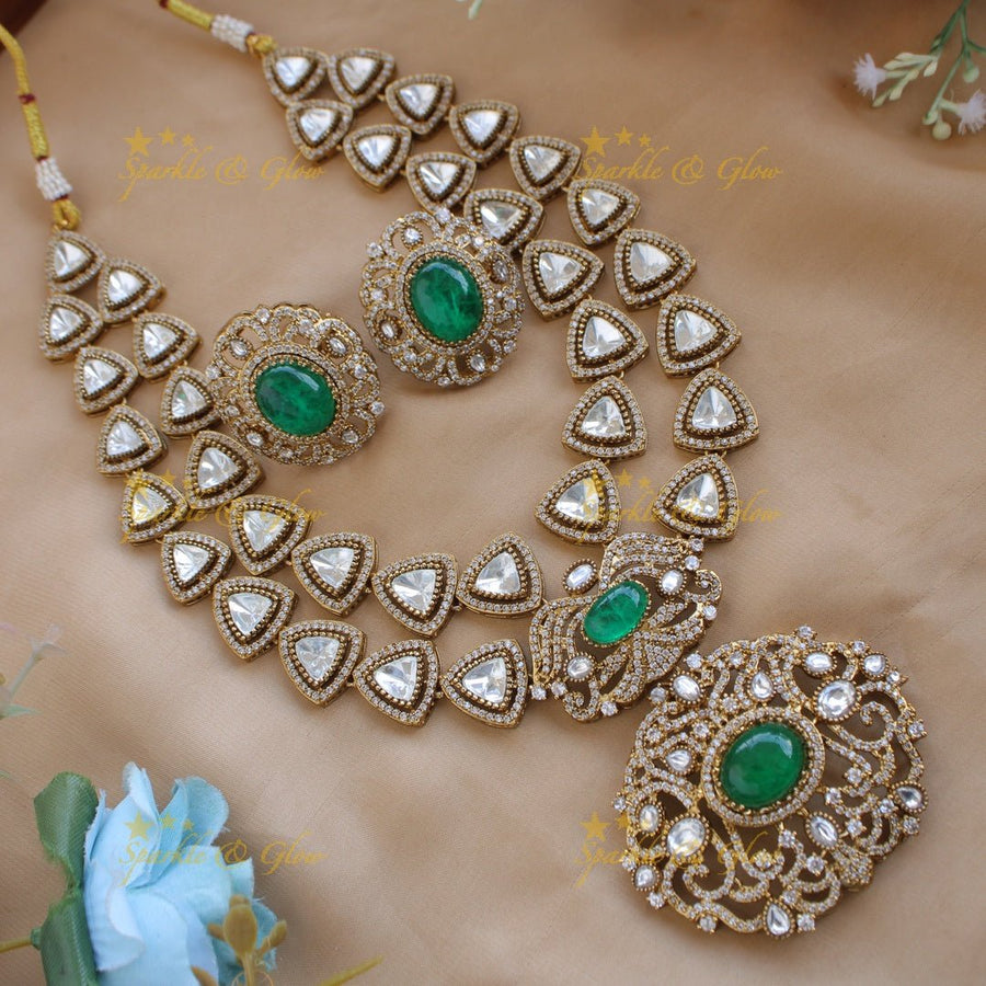Grand intricate Floral and branch pendant Victorian AD two layer long necklace with blue stone - Sparkle and Glow - Blue - Back Thread