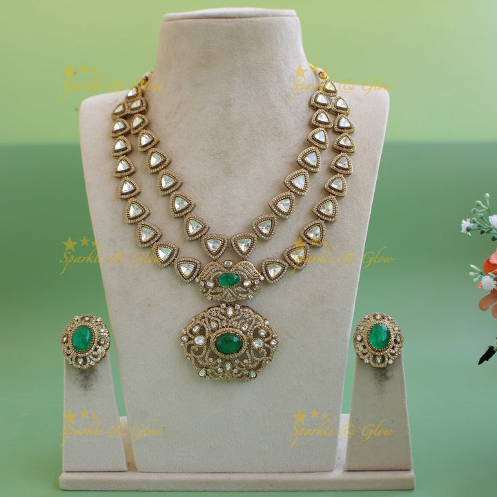 Grand intricate Floral and branch pendant Victorian AD two layer long necklace with blue stone - Sparkle and Glow - Green - Back Thread