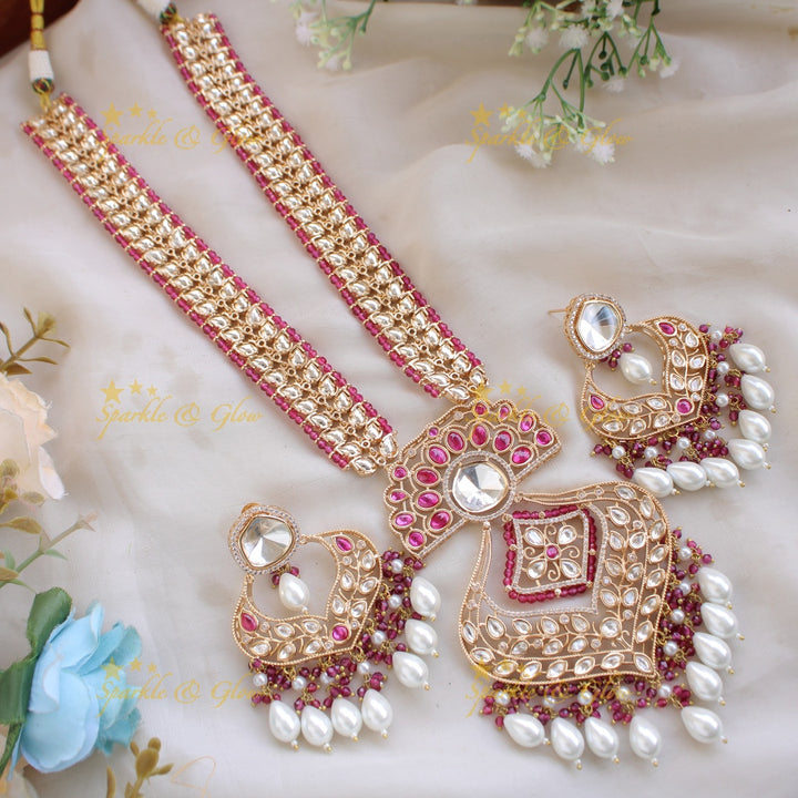 Gorgeous Leaflet design kundan Victorian AD haram with pink beads and pearl drops