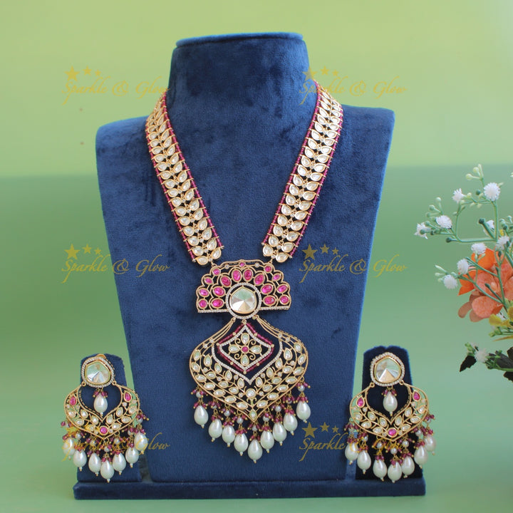 Gorgeous Leaflet design kundan Victorian AD haram with pink beads and pearl drops