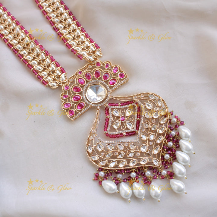 Gorgeous Leaflet design kundan Victorian AD haram with pink beads and pearl drops