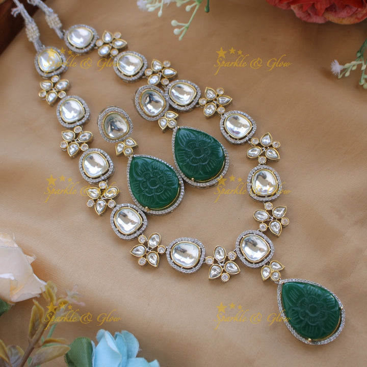 Elegant floral design victorian AD short necklace with stone drops - green