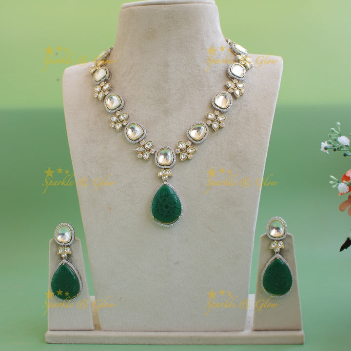 Elegant floral design victorian AD short necklace with stone drops - green