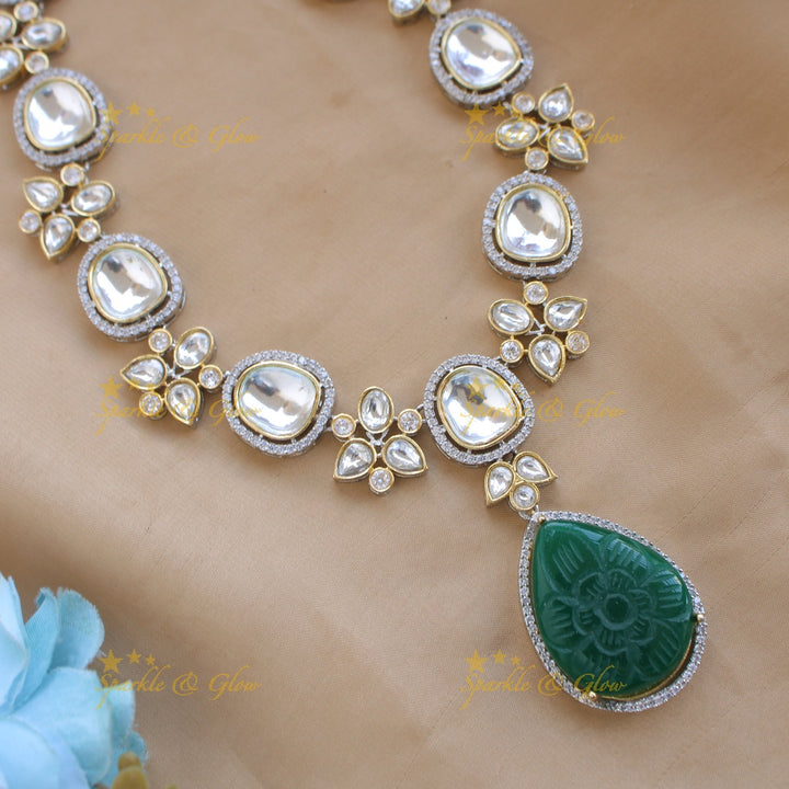 Elegant floral design victorian AD short necklace with stone drops - green