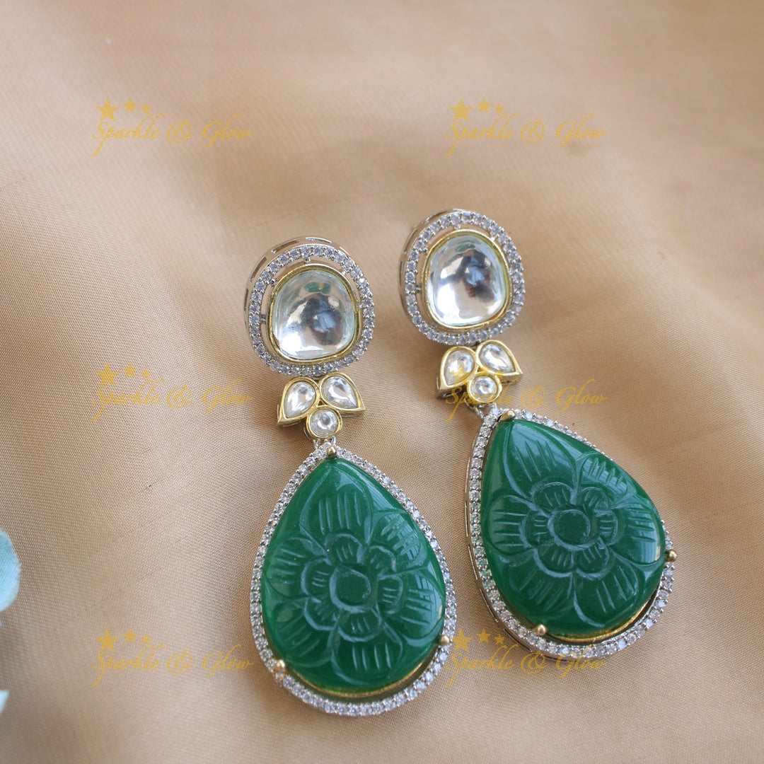 Elegant floral design victorian AD short necklace with stone drops - green
