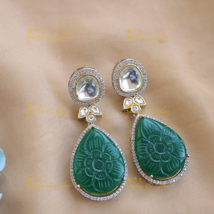 Elegant floral design victorian AD short necklace with stone drops - green