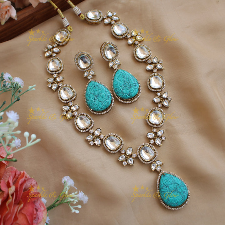 Elegant floral design victorian AD short necklace with stone drops - baby pink