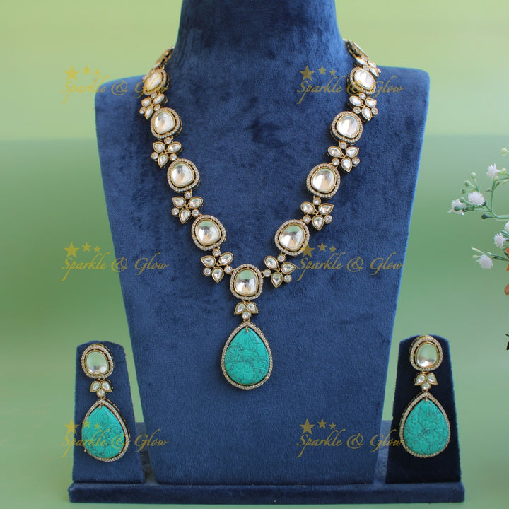 Elegant floral design victorian AD short necklace with stone drops - sea blue