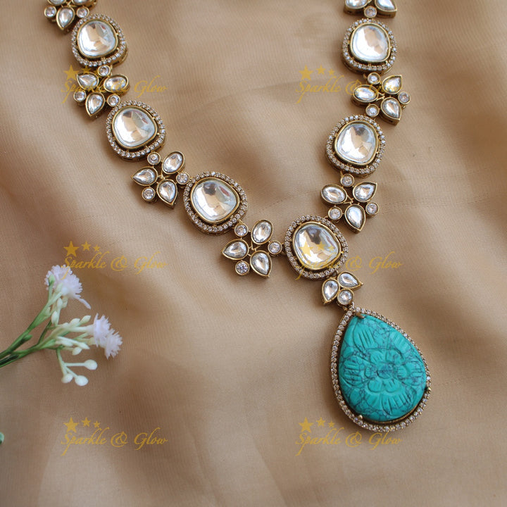 Elegant floral design victorian AD short necklace with stone drops - sea blue