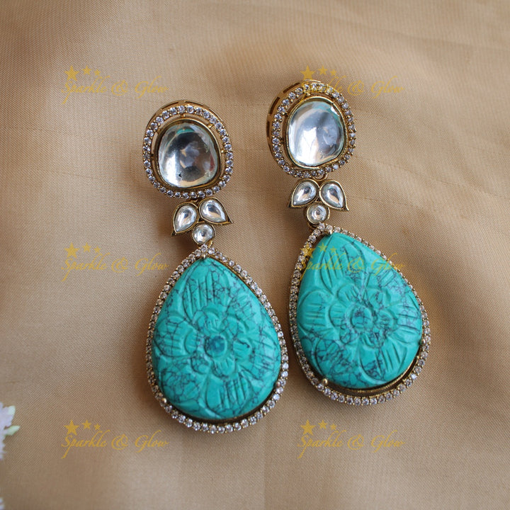 Elegant floral design victorian AD short necklace with stone drops - sea blue